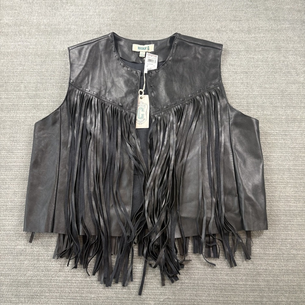 Cavenders Rockin C Faux Leather Fringe Vest Womens L Black Cowgirl Western Rodeo